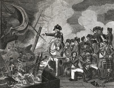 د جبل الطارق څخه مخکې د ټوپکو کښتیو ویجاړول، د ایچ کوک لخوا نقاش شوی، 1816 پولی autorstwa English School