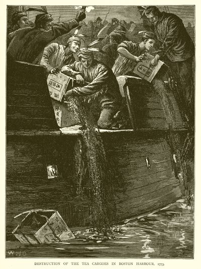 Zniszczenie Tea Cargoes w Boston Harbour, 1773 autorstwa English School