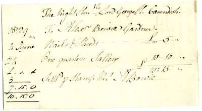 Devonshire MSS AS 3101, folio z pakietu rachunków uregulowanych przez Pinder Simpsona dla Lorda George