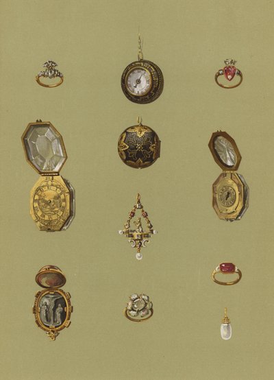 Pierścionek z brylantem, złoty zegarek, kamea z krwawnikiem, złoty zegarek, klejnotami pasjans, opalowy pierścionek żałobny Mary Queen of Scots, złoty pierścionek księżniczki Elżbiety, złoty zegarek w kształcie ośmiokąta, złoty pierścionek, perłowy kolczyk autorstwa English School