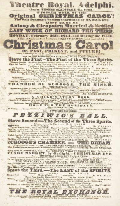 Afisz Dickensa: Opowieść wigilijna w Adelphi Theatre Royal, 26 lutego 1814 r autorstwa English School