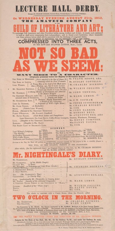 Afisz Dickensa: Nie tak źle, jak się wydaje w sali wykładowej w Derby, program na 25 sierpnia 1852 r. autorstwa English School