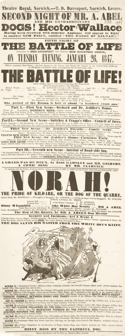 Afisz Dickensa: Bitwa o życie, Theatre Royal, Norwich, 26 stycznia 1847 r. autorstwa English School