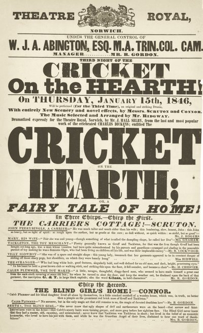 Afisz Dickensa: The Cricket on the Hearth w Theatre Royal, Derby, 15 stycznia 1846 r. autorstwa English School