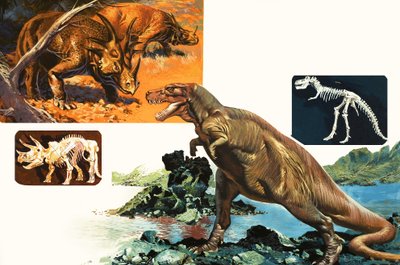 Dinozaury i szkielety. Stegozaur i tyranozaur autorstwa English School