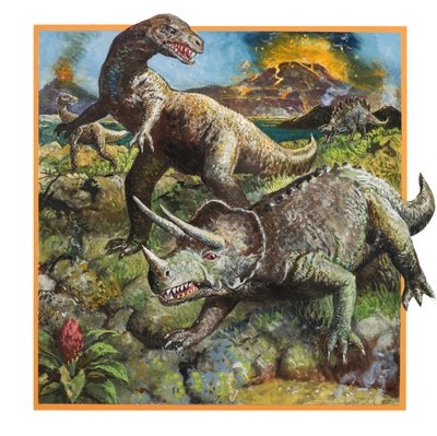Dinozaury z wulkanem (gwasz na papierze) autorstwa English School