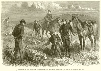 Odkrycie szkieletów żołnierzy, którzy zostali zaskoczeni i zabici przez Indian (czerwiec 1867) autorstwa English School