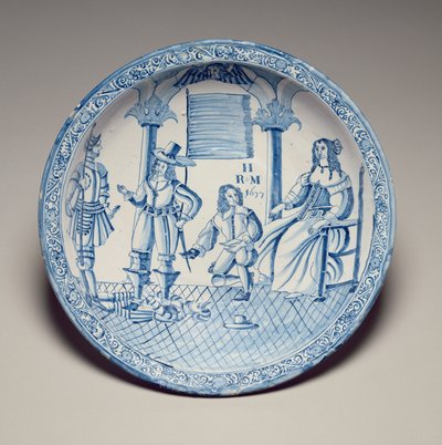 Naczynie z siedzącą królową Katarzyną z butem założonym przez klęczącego kawalera, 1677 (ceramika glazurowana cyną) autorstwa English School