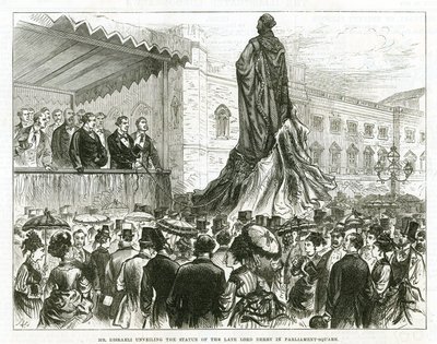 Disraeli odsłania pomnik zmarłego Lorda Derby na Parliament Square w Westminster autorstwa English School