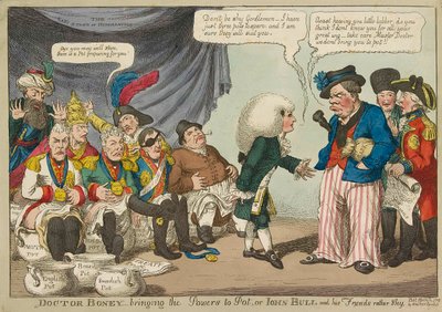 Doctor Boney_bringing the Powers to Pot..., 1808 ręcznie kolorowane grawerowanie. autorstwa English School