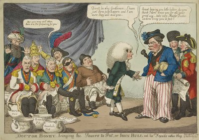 Doctor Boney_przynosząc moce do Pot lub John Bull i jego przyjaciele raczej nieśmiały, pub. 1808 (ręczne grawerowanie kolorowe) autorstwa English School