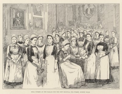 Lalki Pielęgniarki na Bazarze dla Nowego Szpitala dla Kobiet, Euston Road (grawerowanie) autorstwa English School
