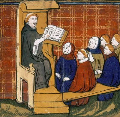 Nauczyciel dominikański, siedzący z książką umieszczoną na pulpicie, z uczniami siedzącymi na ziemi przed nim. „Livre des Proprietes des Choses” , początek XV wieku. autorstwa English School