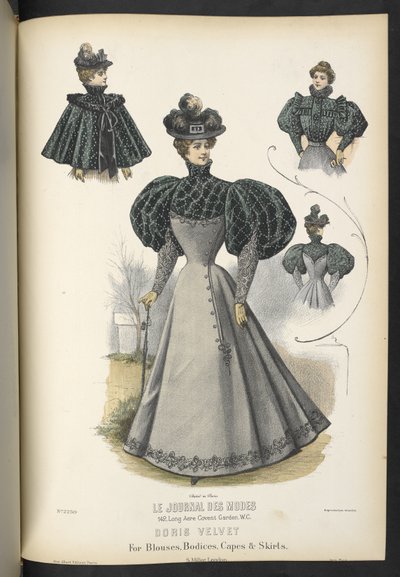 Doris aksamit, Do bluzek, gorsetów, pelerynek i spódnic,  Talerz 2250, aksamit Doris na bluzki, gorsety, peleryny i spódnice,  Krawcowa i Miller,  1895 autorstwa English School
