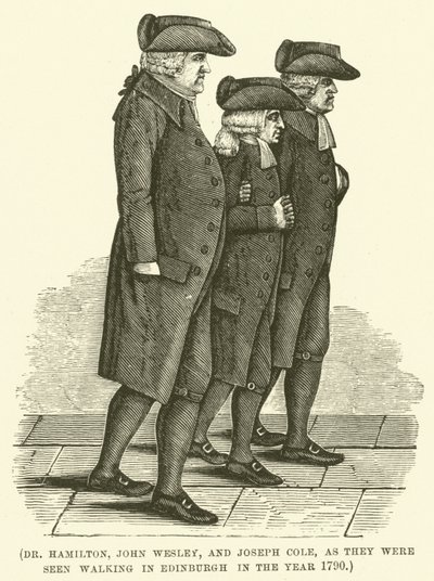Dr Hamilton, John Wesley i Joseph Cole podczas spaceru w Edynburgu w 1790 roku (rycina) autorstwa English School