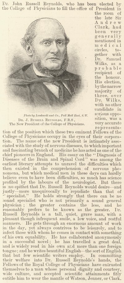 Dr J Russell Reynolds, FRS, nowy prezes Kolegium Lekarzy (Grawerowanie) autorstwa English School