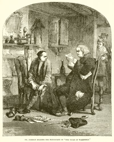 Dr Johnson czyta rękopis The Vicar of Wakefield autorstwa English School