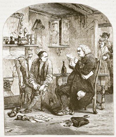 Dr Johnson czyta rękopis wikariusza Wakefielda, ilustracja z Cassells Illustrated History of England (zdjęcie w sepii) autorstwa English School
