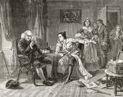 Dr Samuel Johnson czyta rękopis „Wikariusza Wakefielda” z „London Pictures: Drawn with Pen and Pencil” autorstwa wielebnego Richarda Lovetta, opublikowany w 1890 r. (litografia) autorstwa English School