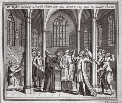 Dr Taylor gani księdza papieża, który miał odprawić mszę w Hadley Church, ilustracja z Foxes Martyrs c.1703 autorstwa English School