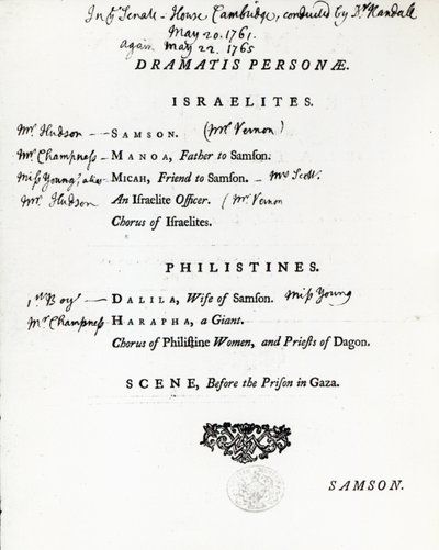 Dramatis Personae for Samson, oratorium Haendla, wydane w 1759 r. autorstwa English School