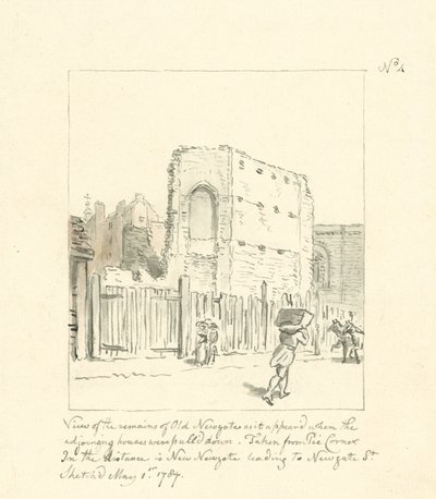 Rysunek szczątków Old Newgate (tusz na papierze) autorstwa English School