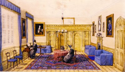 Salonowe wnętrze wiejskiego domu, ok.1830 (akwarela na papierze) autorstwa English School
