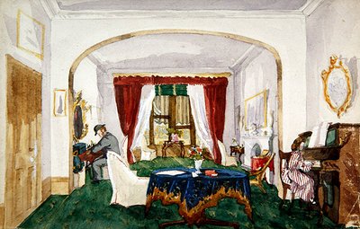 Wnętrze salonu, kobieta przy fortepianie, mężczyzna w meloniku, ok. 1850 (akwarela na papierze) autorstwa English School