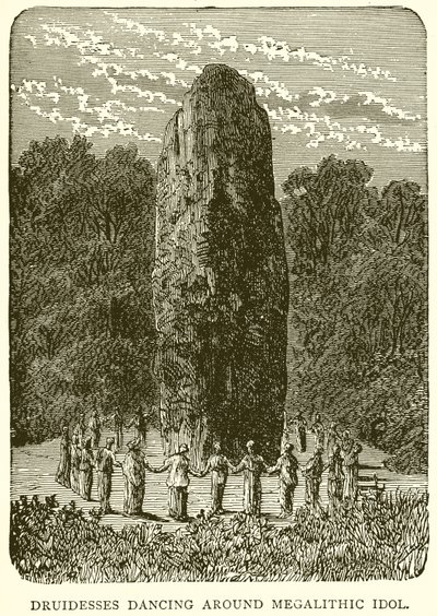 Druidesy tańczą wokół megalitycznego bożka autorstwa English School