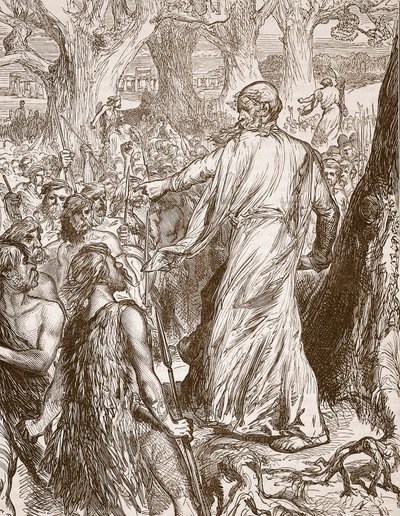 Druidzi podżegający Brytyjczyków do sprzeciwu wobec lądowania Rzymian, ilustracja z Cassells Illustrated History of England (zdjęcie w sepii) autorstwa English School