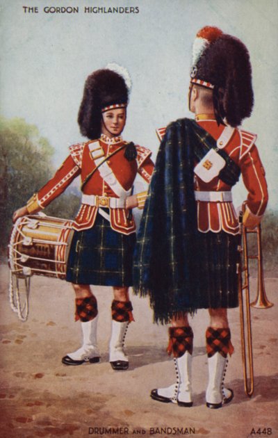 Perkusista i kapelmistrz Gordon Highlanders (kolorowa litografia) autorstwa English School