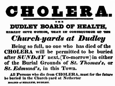 Plakat Dudley Board of Health ogłaszający procedurę pochówku osób, które zmarły na cholerę, ok. 1840 roku autorstwa English School