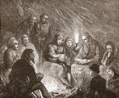 Holenderscy protestanci w ukryciu, ilustracja z Historii protestantyzmu Jamesa Aitkena Wylie (1808-1890), wyd. 1878 autorstwa English School