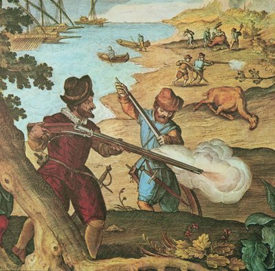 Holenderscy marynarze uzbrojeni w muszkiety lontowe, strzelający do wielbłądów w celu uzupełnienia zapasów (ręcznie kolorowy grawerunek) autorstwa English School