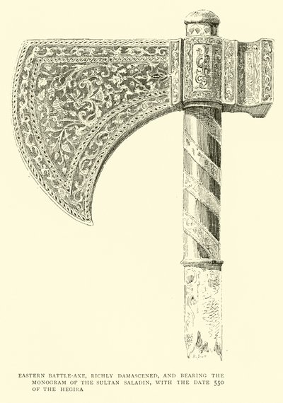 Wschodni topór bojowy, bogato damasceński, z monogramem sułtana Saladyna, z datą 550 hegiry autorstwa English School