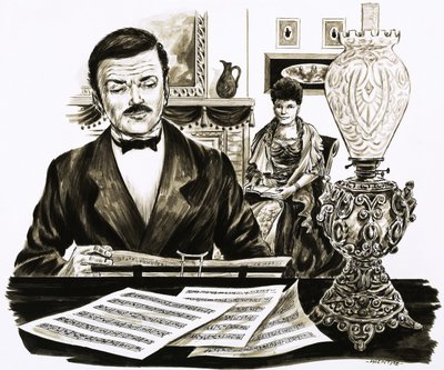 Edward Elgar przy pracy w swoim salonie autorstwa English School