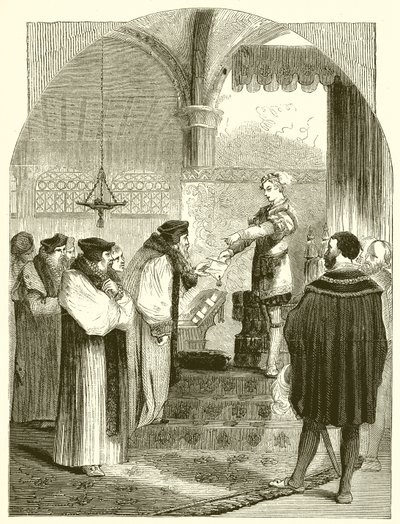 Edwarda VI. przedstawienie nakazu egzekucji Joanny Bocher arcybiskupowi Cranmer autorstwa English School