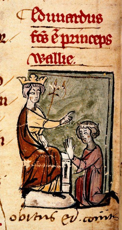 Edward z Caernarvon [Edward II] stworzył księcia Walii i hrabiego Chester przez swojego ojca, króla Edwarda I, w parlamencie Lincoln, ilustracja z „Chronica Roffense”, Matthew Paris, 7 lutego 1301 (wellum) autorstwa English School