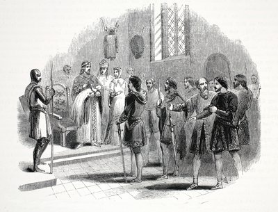 Edward I przedstawiający walijskim wodzom księcia urodzonego wśród nich w zamku Rhuddlan autorstwa English School