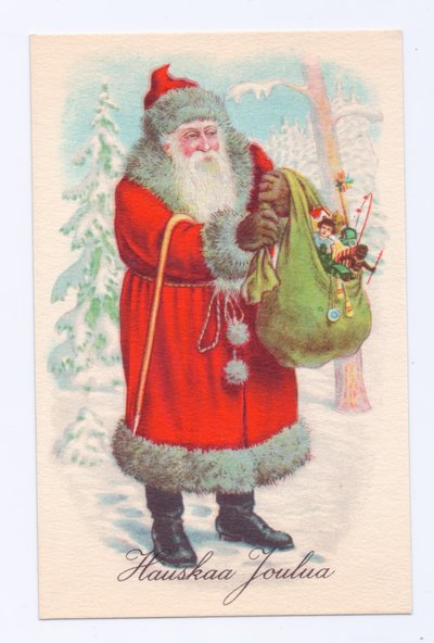Edwardiańska pocztówka z Ojcem Gwiazdką trzymającym worek zabawek, ok. 1910 r. (kolorowa litografia) autorstwa English School