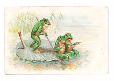 Edwardiańska pocztówka przedstawiająca dwie żaby siedzące na łodzi z liliami wodnymi, podczas gdy trzecia wiosłuje, ok. 1910 r. (kolorowa litografia) autorstwa English School
