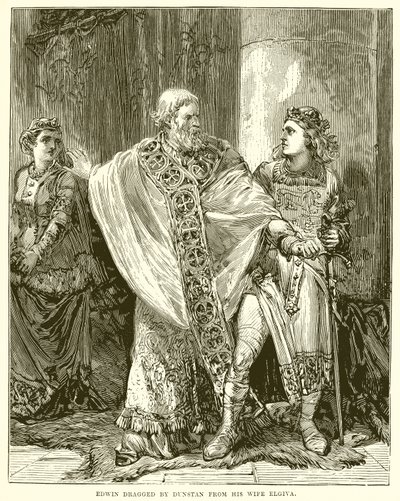Edwin odciągnięty przez Dunstana od swojej żony Elgivy autorstwa English School