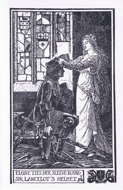 Elaine zawiązuje rękaw wokół hełmu Sir Lancelota, ilustracja z „Księgi romansów” opublikowanej przez Longmans Green and Co autorstwa English School