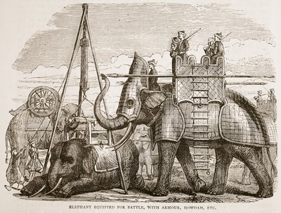 Słoń wyposażony do walki, w zbroi, howdah itp., ilustracja z Cassells Illustrated History of India autorstwa Jamesa Granta, wyd. 1879 autorstwa English School