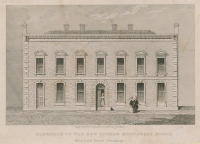Elewacja nowego London Missionary House, Blomfield Street, Finsbury autorstwa English School