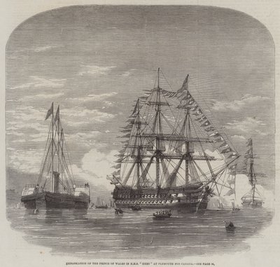 Zaokrętowanie księcia Walii w HMS „Hero” w Plymouth dla Kanady (grawerowanie) autorstwa English School