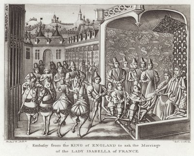 Ambasada króla Anglii z prośbą o ślub Lady Isabella of France autorstwa English School