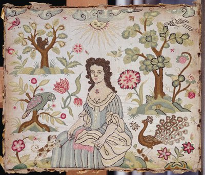 Panel haftowany przedstawiający damę w ogrodzie, ok. 1700 (jedwab) autorstwa English School