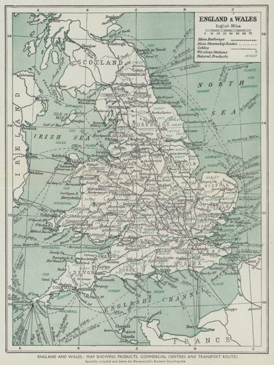 Anglia i Walia, Mapa przedstawiająca produkty, centra handlowe i szlaki transportowe (litografia) autorstwa English School