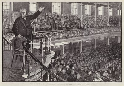 Angielski kaznodzieja baptystyczny Charles Haddon Spurgeon wygłasza kazanie w Metropolitan Tabernacle w Londynie (lito) autorstwa English School